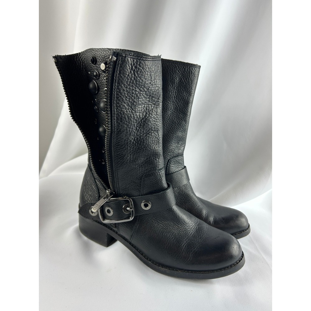 Vince Camuto Walt Black Leather Studded Moto Biker Boots Buckle Size 8.5B